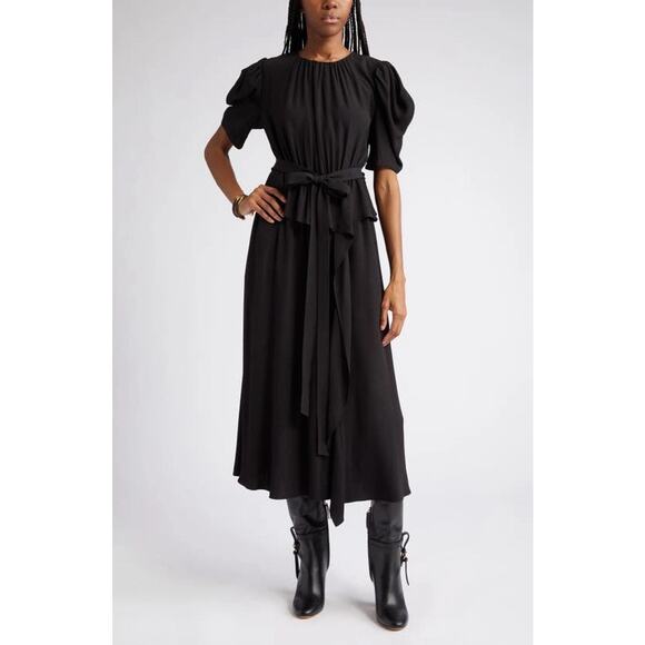 Ulla Johnson Marion Puff-Sleeve Belted Peplum Midi Dress Noir US6 - Picture 1 of 10